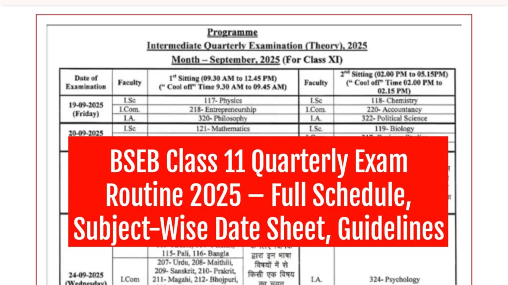 BSEB Class 11 Quarterly Examination Routine 2025 – Full Schedule, Subject-Wise Date Sheet, Guidelines