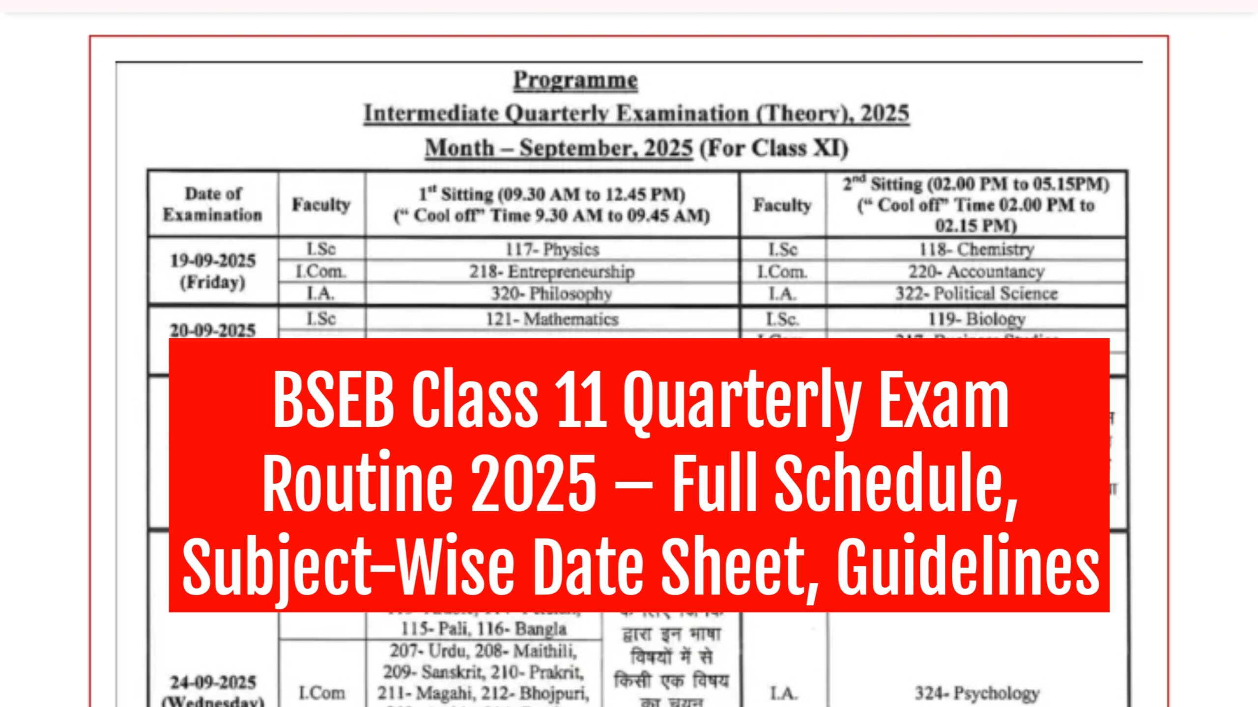 BSEB Class 11 Quarterly Exam Routine 2025 – Full Schedule, Subject-Wise Date Sheet, Guidelines