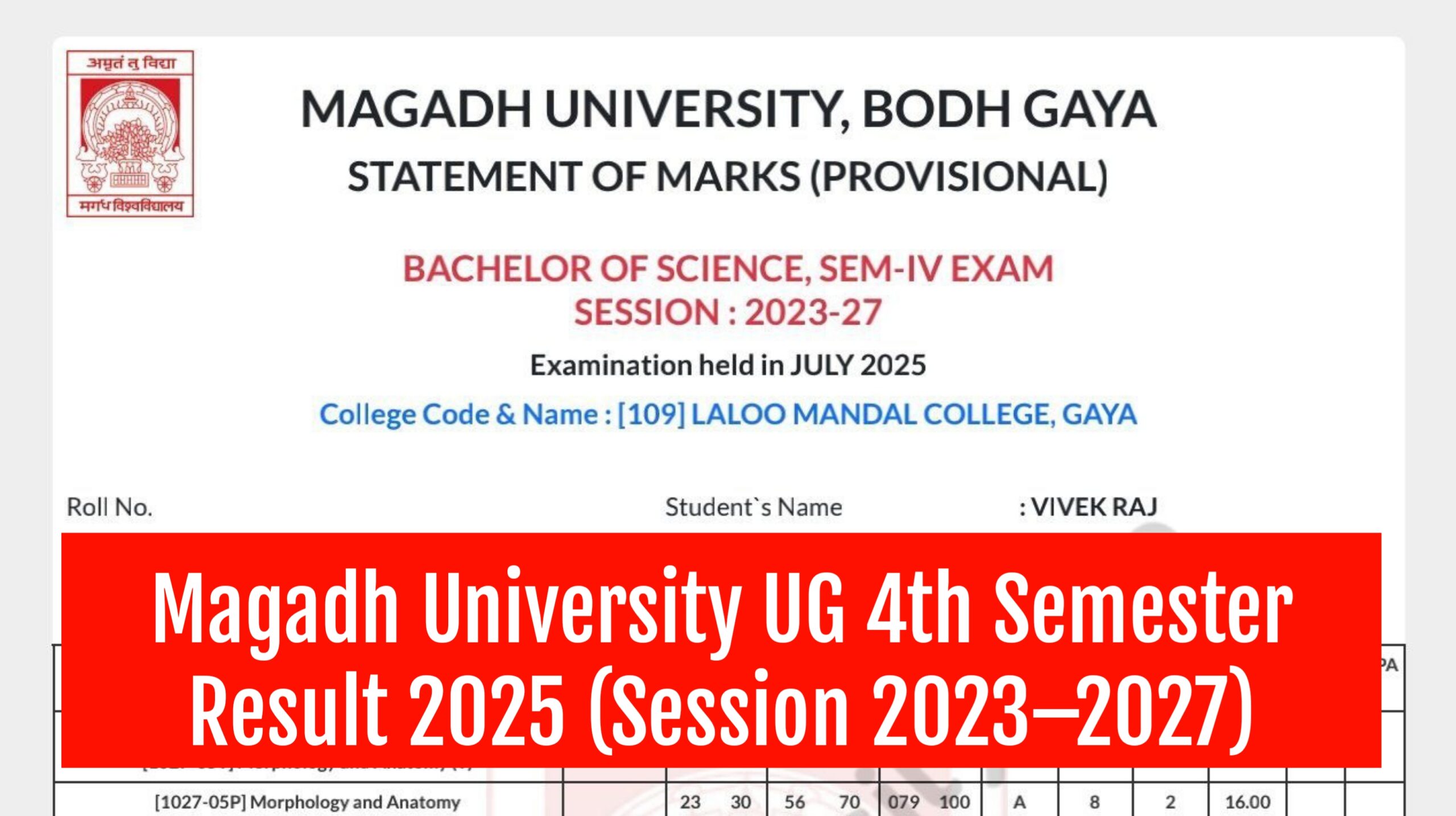 Magadh University UG 4th Semester Result 2025