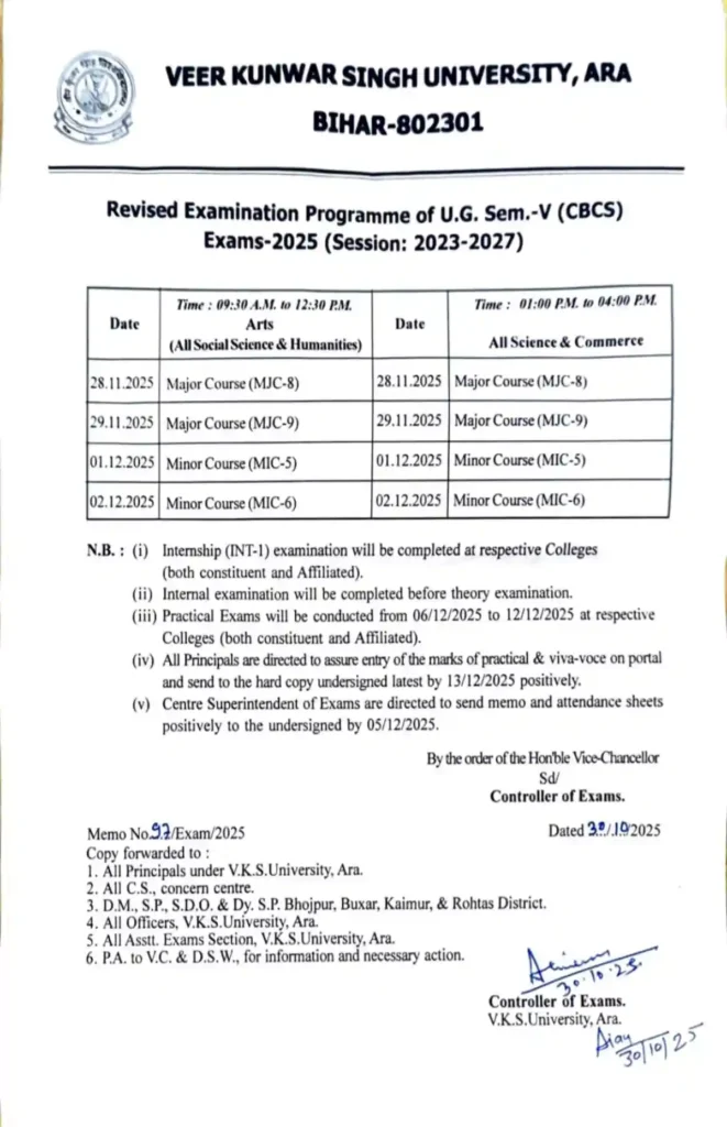 VKSU UG 5th Semester Exam Date 2025 Released, Admit Card Available – Download Now